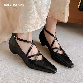 2024 Women Pumps Mature Genuine Leather Spring Summer New Shoes Woman Buckle Strap Office Lady Working Pumps Rome Style Shoes 34 чёрный
