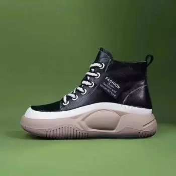 2024 Женские Осенние Новые Ботинки на Толстой Подошве с Высоким Верхом Дышащие Повседневные Спортивные Туфли Женские Ретро Мягкая Подошва Универсальные Папины Кроссовки 35 чёрный