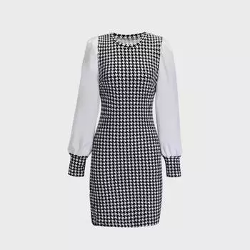 2024 Women s Fashion Houndstooth Splice Lantern Sleeve Dress Extra Large чёрный