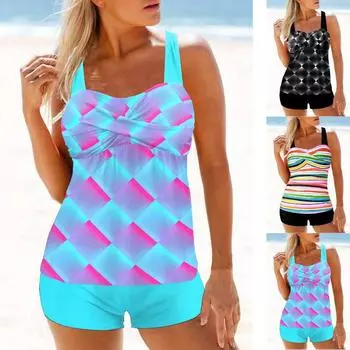 2024 Женская мода Монокини Купальники из двух частей Пляжные купальники с принтом Танкини Летняя пляжная одежда Плавание Новый комплект танкини S чёрный