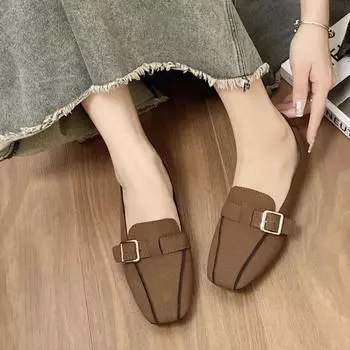 2024 Women s Flat Shoes Spring Style Metal Buckle Soft Sole Shallow Mouth Women s Casual Office Women s Comfortable Shoes 35 бежевый