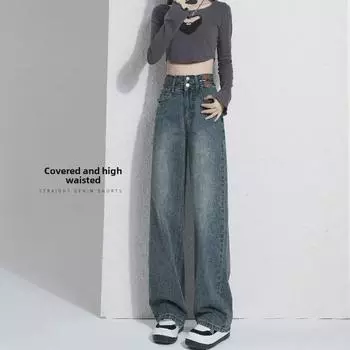 2024 Women s High Waist Straight Narrow Wide-Leg Jeans – Loose Fit, Plus Velvet, Perfect for Spring, Autumn, and Winter