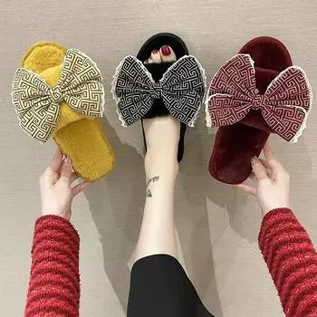 2024 Женская домашняя нескользящая обувь на плоской подошве Осень/зима Новые клетчатые банты пушистые тапочки для беременных женщин теплые тапочки 36-37 чёрный