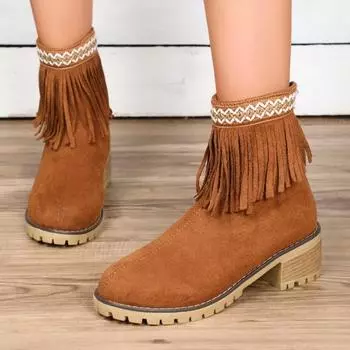 2024 Women s Medium Low Heel Bohemian Motorcycle Boots Tassel Cowboy Boots Spring and Autumn Tassel Women s Boots High Heels 36 коричневый