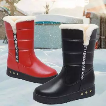 2024 Women s Mid-calf Shoes Red Thick Sole Snow Boots Thick Wedge Heel Half-high Boots Comfortable Waterproof Increased Height 35 чёрный