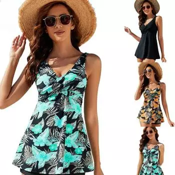 2024 женская новая юбка, двухсекционный купальник с принтом, сексуальный купальник с глубоким V-образным вырезом на подтяжках, пляжный купальник Traje De Bao De Mujer M синий