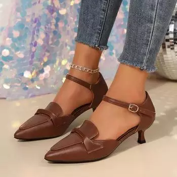 2024 Women s New Spring/Summer Pointed Leather Cowhide Headband Hollow Elastic Belt Buckle Mid Heel Large Sandals 35 коричневый