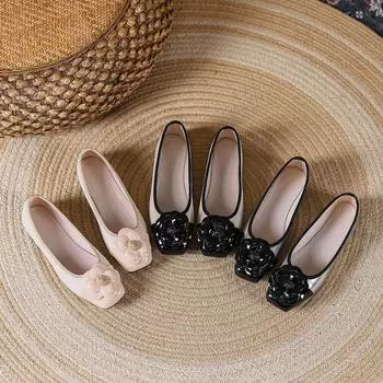 2024 Women s New Square Head Silver Camellia Blossom Women s Shoes Comfortable Soft Sole Shallow Mouth Colored Flat Shoes 35 абрикосовый