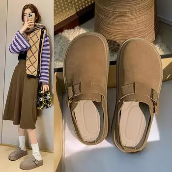 2024 Women s New Winter Warm Home Slippers Buckle Decorative Thick Sole Covered Toes Home Cotton Slippers 35 бежевый