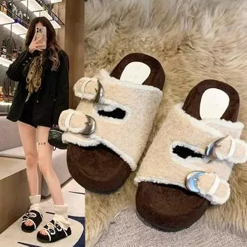 2024 Women s Plush Warm Slippers Luxury Thick Sole Mid Heel Suede Slippers Women s Designer Soft Buckle Cotton Shoes 35 абрикосовый