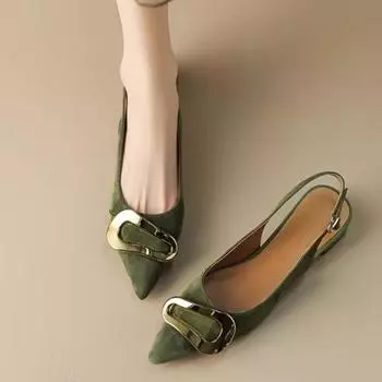 2024 Женские босоножки с острым носком, на низком каблуке, с металлической декоративной пряжкой, с ремешком, на неглубоком каблуке, элегантные 35 чёрный