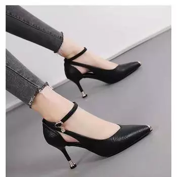 2024 Women s Pointed Toe Comfortable Slip-on Shallow Mouth Solid Color Elegant Buckle High Heel Slippers 35 бежевый