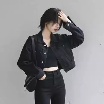 2024 Women s Retro Street Black Denim Jacket – Versatile Loose Fit, Long Sleeve S