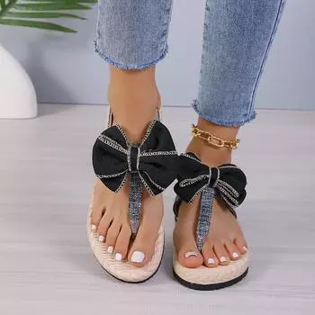 2024 Women s Sandals Bohemian Style Summer Shoes Women s Beach Comfortable Flat Sandals Bow Sandals Flip Flops Size 43 36 бежевый