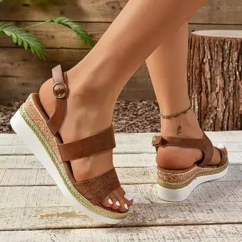 2024 Женские босоножки на платформе с танкеткой Летняя женская обувь с пряжкой на ремешке Сабо Гладиатор Бренд Дизайн Сандалии на каблуке Обувь с заклепками 36 чёрный