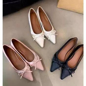 2024 Women s Shoes Autumn New Pointed Toe Inner Heightening Single Shoes Bow Ballet Shoes Shallow Mouth Slip-on Women s Loafers 35 абрикосовый