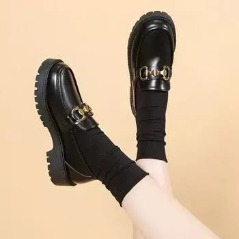 2024 Women s Shoes Loafers Women s High Heels Fashion Metal Decoration Office Career New Round Toe Thick High Heels Women 35 чёрный