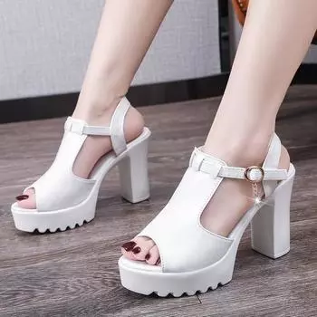 2024 Women s Shoes Peep Toe Women s Sandals Summer Platform Dress Sandals Women Crystal Buckle Strap High Heels New Shoes Ladies 35 чёрный