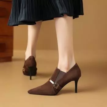 2024 Women s Shoes Rome Women s High Heels Retro Dress Pumps Women Metal Decoration Pointed Toe Slip on Thin Heels Shoes Female 34 чёрный