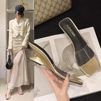 2024 Женские тапочки Босоножки на высоком каблуке Модные прозрачные женские повседневные туфли Тапочки Дизайнерские сандалии 35 чёрный