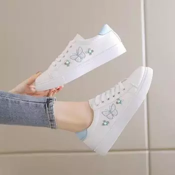 2024 Women s Sneakers Fashion Butterfly Embroidered White Flat Shoes Outdoor Lace-Up Casual Vulcanized Shoes Zapatos De Mujer 35 синий