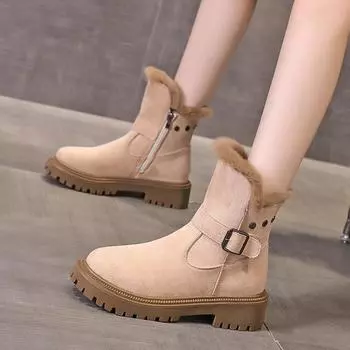 2024 Women s Snow Boots Winter Mid-Tube Plus Velvet Thickened Warm Cotton Shoes Fashion Buckle design Female Zipper short boots 35 чёрный