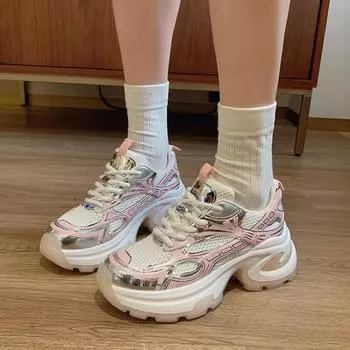 2024 Women s Sports Shoes Thick Sole Mesh Breathable Women s Shoes New Fashion Color Matching Casual Tennis Shoes Zapatos 35 розовый