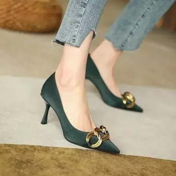 2024 Women s Spring New European and American Style Metal Chain Pointed Shallow Cut Thin High Heel Single Shoes 34 бежевый
