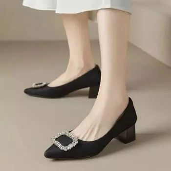 2024 Women s Spring New Sexy Pointy Fashion Square with Women s Shoes Outdoor Casual Comfortable Party Dress Women s High Heels 35 чёрный