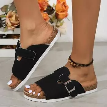 2024 Women s Summer New Luxury Metal Buckle Designer Flat Anti-Slip Sandals Women s Outdoor Leisure Comfortable Slippers 36 чёрный