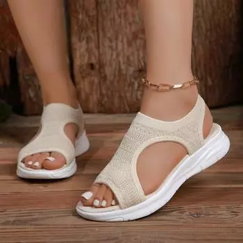 2024 Women s Summer New Simple Solid Color Flat Bottom Anti Slip Women s Shoes Outdoor Leisure One Step Women s Sandals Large 35 бежевый