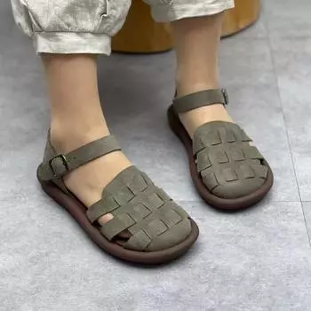 2024 Women s Summer Shoes Square Toe Flat Sandals Leather Women Gladiator Sandals Slip on Ladies Beach Shoes Zapatillas 35 бежевый