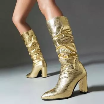 2024 women s tall boots glossy snake pattern thick heel super high heel knight boots 35-43 waterproof table pointed wrinkled boots women 35 чёрный