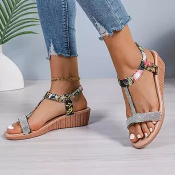 2024 Women s Wedges Bohemian Beach Sandals Large Size Casual Platform Rhinestone Fashion Elastic Slip on Band Women s Sandals 35