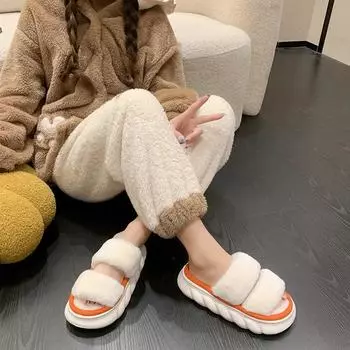 2024 Women Slippers Soft Plush House Shoes Fashion Furry Open Toe Indoor Outdoor Warm Slides Platform Flip Flops Zapato Mujer 36-37 оранжевый