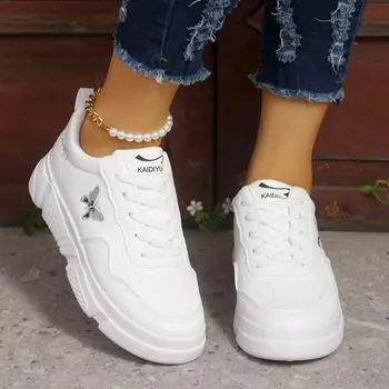 2024 Women Spring Autumn Fashion White Breathable Embroidered Flower Lace-Up Casual Sneakers Zapatos De Mujer platform shoes 35 бежевый