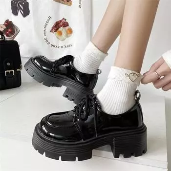 2024 Women summer New Black Platform Flats Shoes Women Loafers Slip on Lolita Shoes Designer Casual PU Leather Oxfords Shoes 4.5