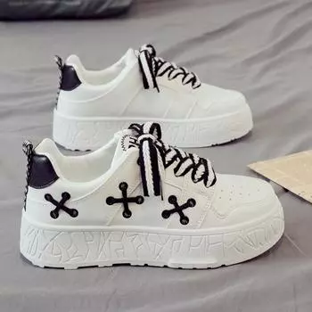 2024 Women White Shoes Spring/Autumn Lace Up Platform Flat Sports Shoes Breathable Girls with Thick Soles Low Top Board Shoes 35