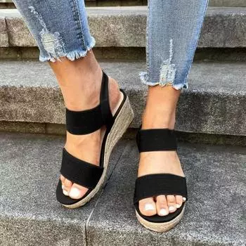2024 Womens Summer Sandals Fashion Open Toe Thick Bottom Sandals Everyday Versatile Wooden Sole Wedge Heel Slip-On Mujer Zapatos 36 чёрный