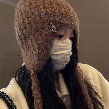 2024 вязаная термошапка, большая окружность головы, утепленная шерсть, защита ушей, маленькое лицо, летающая лыжная шапка, утолщенная для женщин зимой M56-58cm бежевый