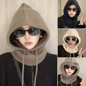 2024 вязаные шапки-балаклавы с шейным кольцом, снуд, защита ушей, шапки-бини для мужчин и женщин с капюшоном, унисекс, теплые, на шнурке, 1 шт., однотонные серый