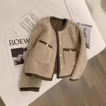 2024 Xiaoxiangfeng пальто из овечьей шерсти женское зимнее утолщенное контрастного цвета меховое верхнее женское короткое пальто из овечьей шерсти S