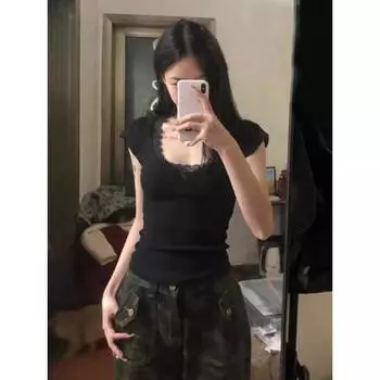 2024 Y2k Эстетический кружевной лоскутный укороченный топ Уличная одежда Harajuku Женская винтажная футболка с круглым вырезом Уличная одежда Футболки в стиле гранж с бантом S чёрный