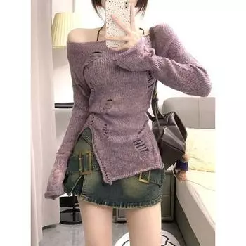 2024 Y2k Эстетический вязаный свитер, женский японский милый ажурный однотонный джемпер, женские элегантные повседневные укороченные топы с разрезом, зимние S фиолетовый