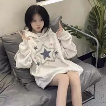 2024 Японские кавайные винтажные толстовки с капюшоном Y2k Эстетика Звездный принт Толстовка Harajuku Свитшоты Гранж Уличная одежда Топ с капюшоном Moletom S серый