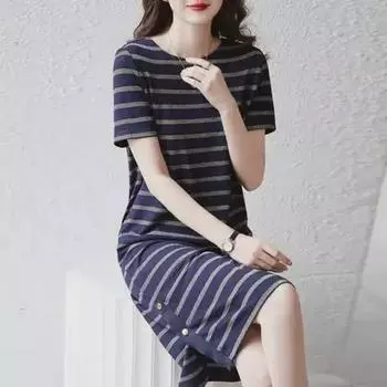 2024 Японское Полосатое Платье Свободного Покроя Круглый Вырез: Модная летняя юбка средней длины для женщин, утягивающая талию S
