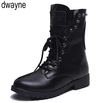 2024 Заклепки сапоги средней длины икры Осенняя обувь Женские кожаные сапоги на плоской подошве Ботинки на шнуровке с круглым носком Botas Mujer женская обувь fgb6 35 чёрный