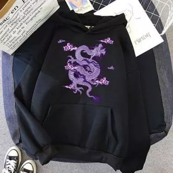 2024 ZGQ01 Женская и мужская толстовка с капюшоном, шляпа с длинными рукавами и принтом дракона, свободный теплый пуловер, весенняя толстовка унисекс, одежда для взрослых S чёрный