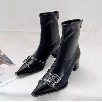 2024 Женская дизайнерская обувь с пряжкой, женские эластичные ботинки до щиколотки, модные короткие ботильоны с острым носком 36 коричневый