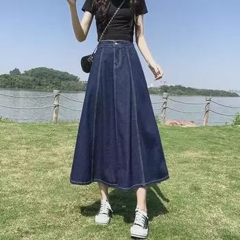 2024 Женская джинсовая юбка А-силуэта: Эластичный пояс, средняя и длинная длина, большой размер, летняя мода 3XL светло-синий